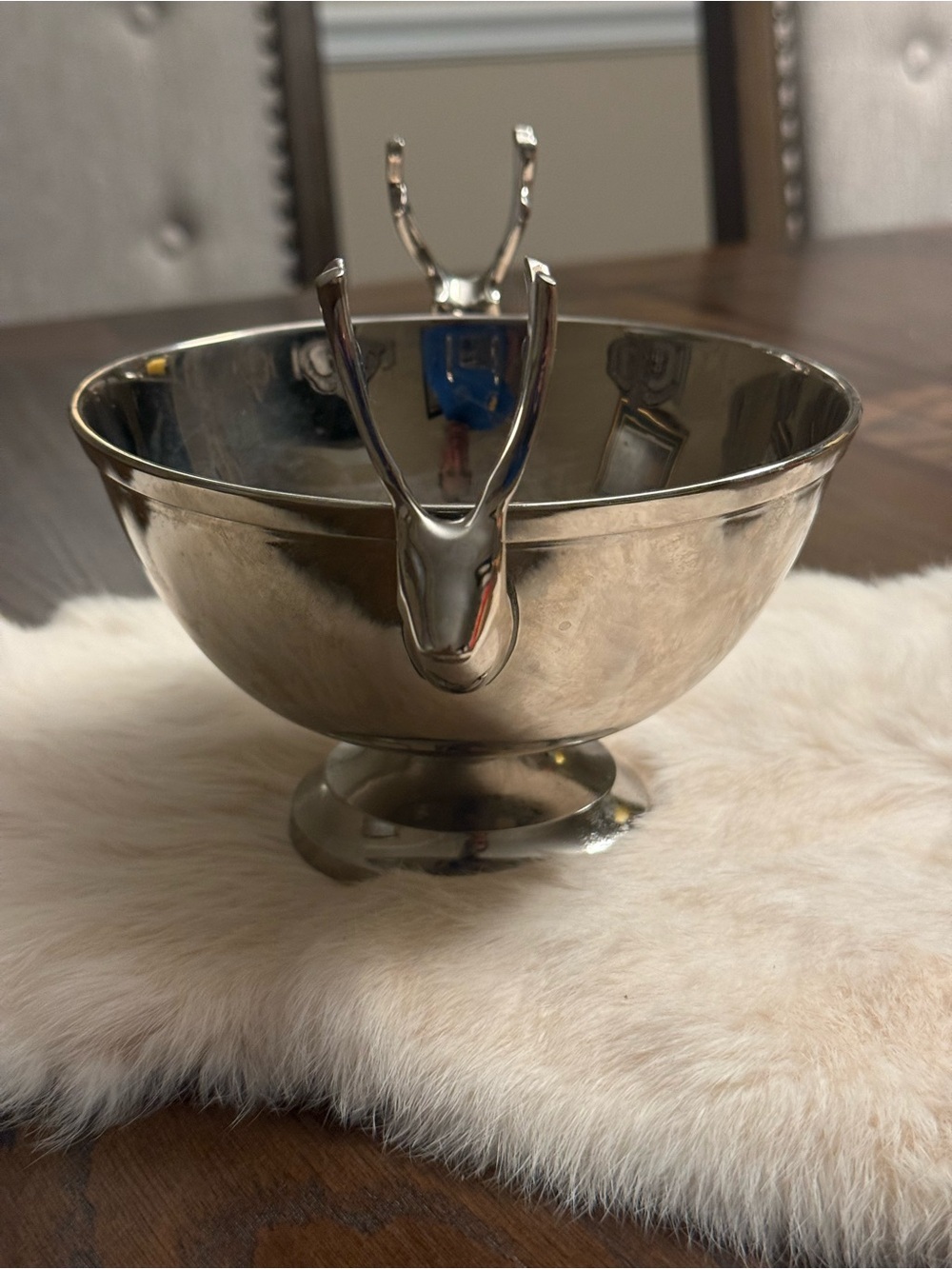 Crate & Barrel Reindeer Bowl 9” Silver Tone Fruit Cabin Christmas Holiday Lodge - Picture 3 of 5